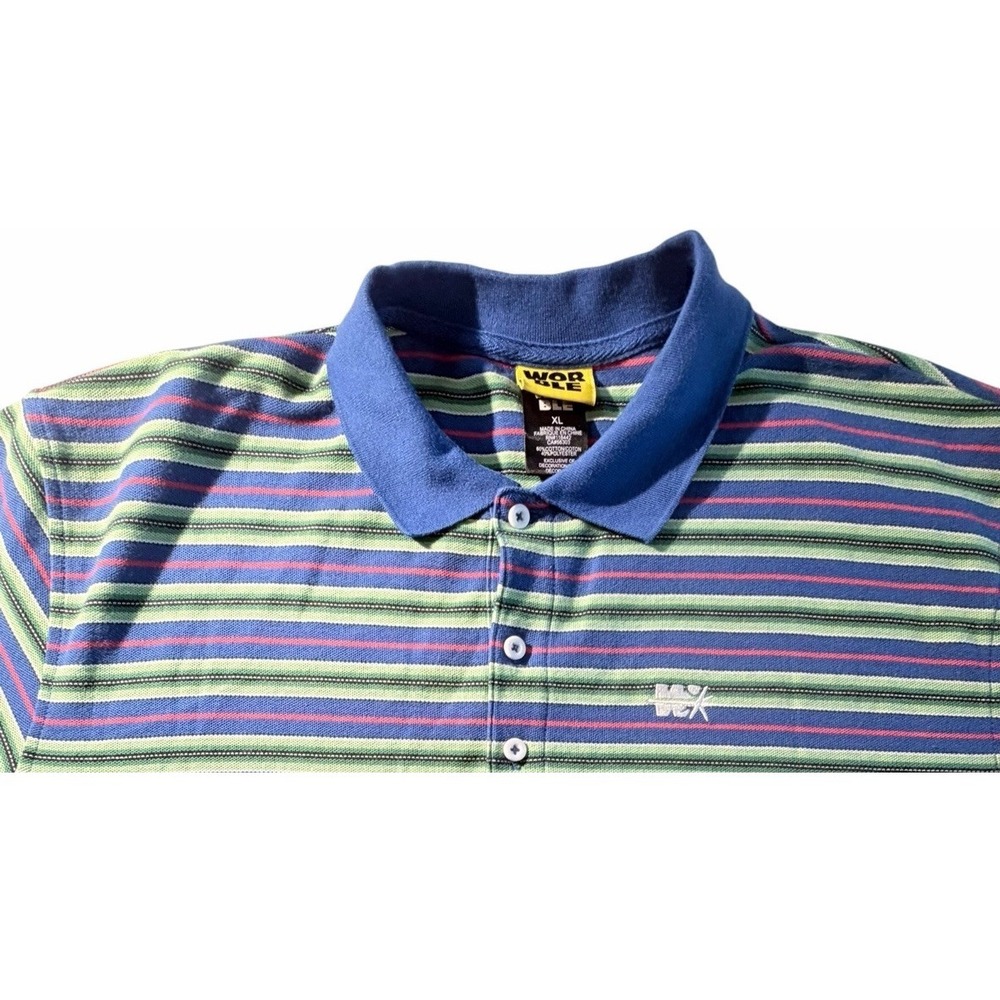 WORBLE XL  Strikeout Blue, Red & Green Stripe Polo Shirt Y2k Men's - Picture 6 of 9